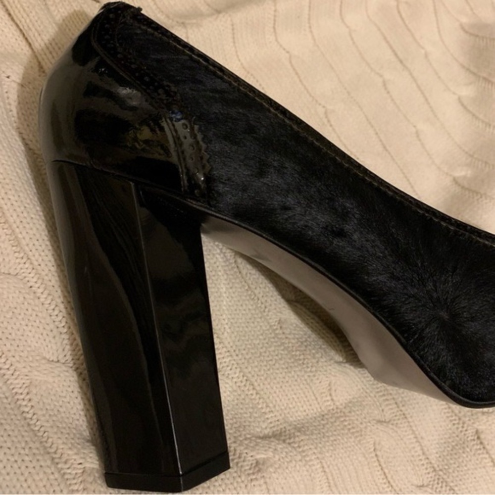 Diane Von Furstenberg Black Patent & Suede Peep-Toe Block Heels - Picture 3 of 3